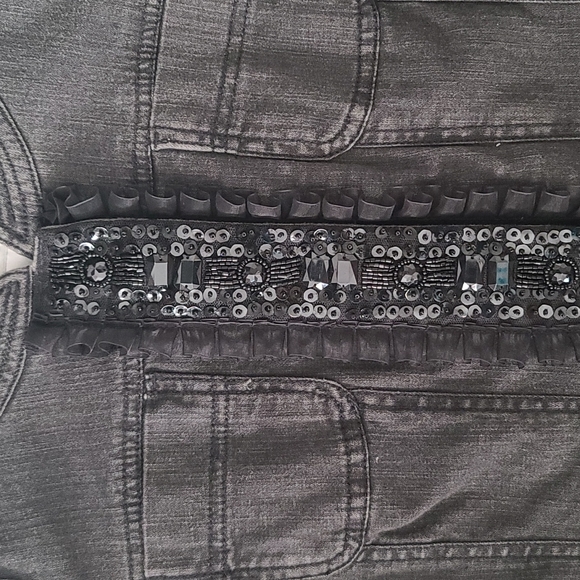 Faded black gray denim jacket with sequins and ribbon detail size medium - Picture 3 of 9